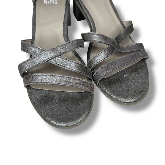 NWOT Eileen Fisher Noni Sandals Ankle Strap Silver Leather Block Heel Size 8 - Picture 3 of 7